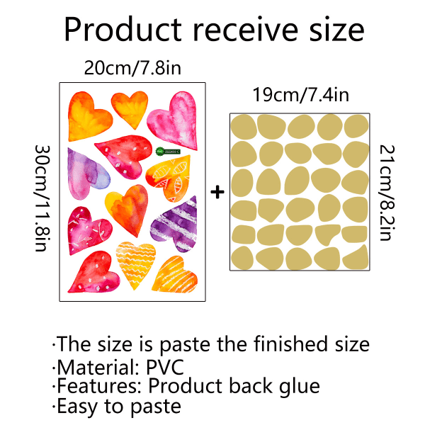 Hjärtväggdekaler, regnbågsakvarell hjärtformade väggklistermärken fönsterdekal för barns sovrum, plantskola, lekrum