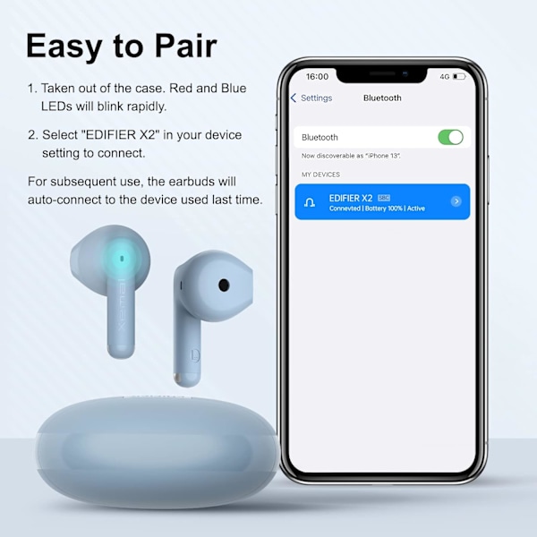 Edifier X2 Bluetooth trådlösa hörlurar med mikrofon, lätta stereo in-ear-hörlurar 28 timmars speltid med laddningsfodral Blue