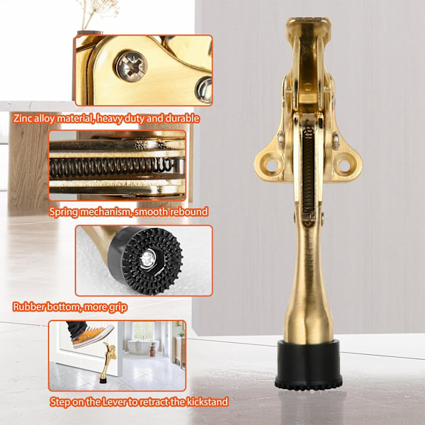 4 tommer kickdown dørstoppere i blank messing, heavy duty dørstop med et tryk og gummipude til bunden af døren, zink, 1 pakke Bright Brass