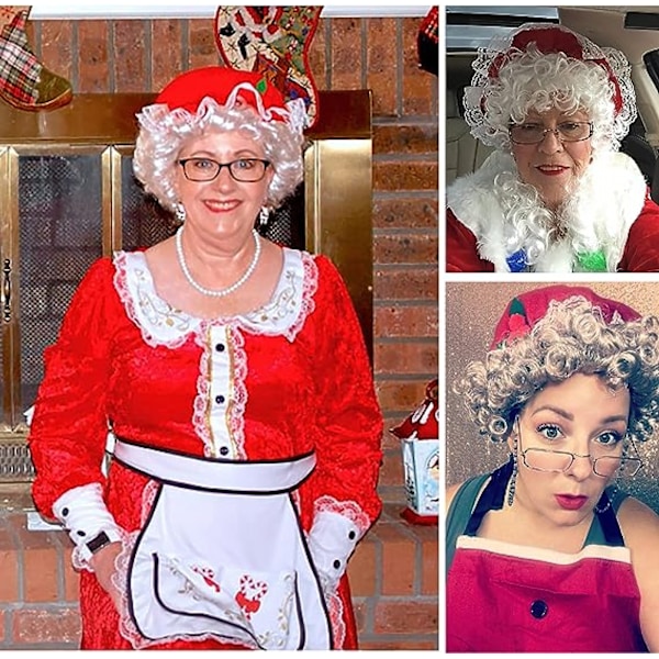Fru Claus hatt, tomtemor mössa, juldräkt accessoarer spets vit trim hatt elastiskt band för vuxna jul nyår