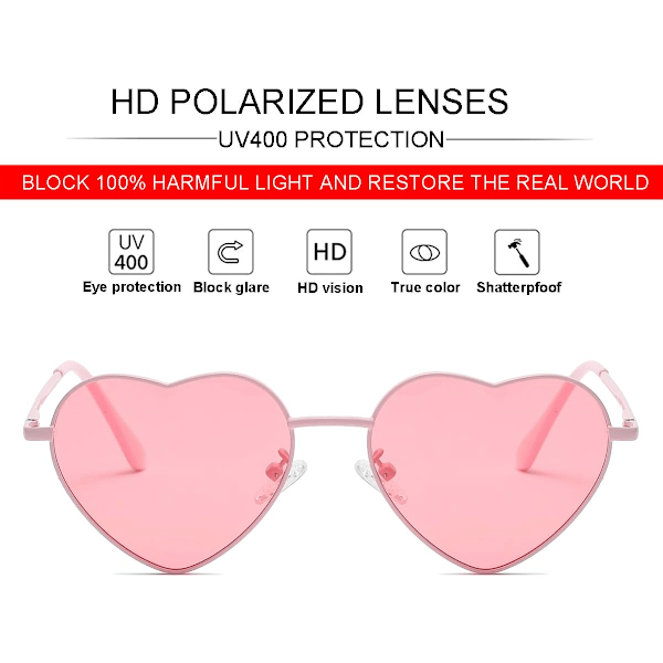 Polariserede hjerteformede solbriller til kvinder - Fashion Lovely Style Metal Frame UV400 beskyttelsesglas All Pink Clear Pink 54 Millimeters