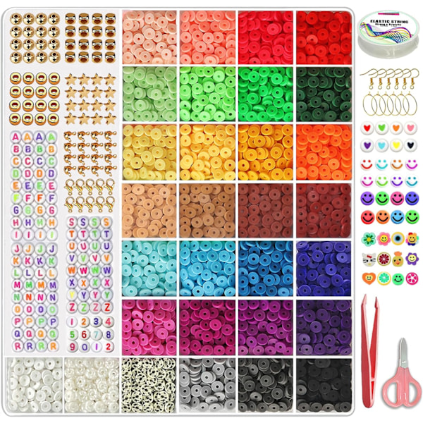 7200 stk leireperler for armbåndssett, 30 farger mellomperler Heishi-perler flate runde polymerleireperler med smykkefremstillingstilbehør Perler, håndverk Gaver