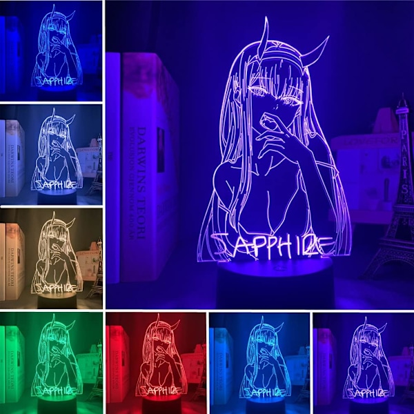 3D Illusion Zero Two 002 Anime Lampe Børneværelses Dekoration RGB 16 Farver med Fjernbetjening Akryl LED Natlys Darling In The FRANXX Fødselsdag