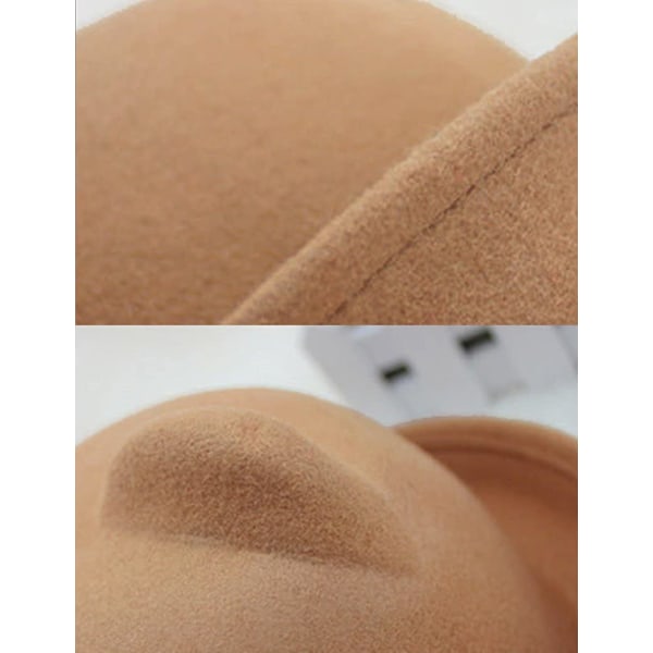 Cat Ear Wool Bowler Hats - Cute Derby Fedora Caps with Roll-up Brim for Youth Petite, Camel