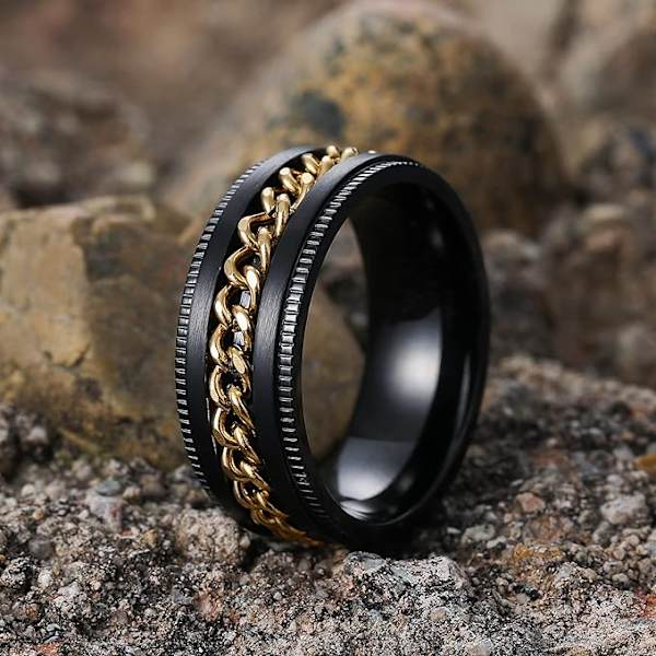 Intertwine Svart Guld Rostfritt Stål 8mm Ringar för Män Spinner Fidget Ring Ångest Ring för Män Trottoarkant Inlägg-10.5