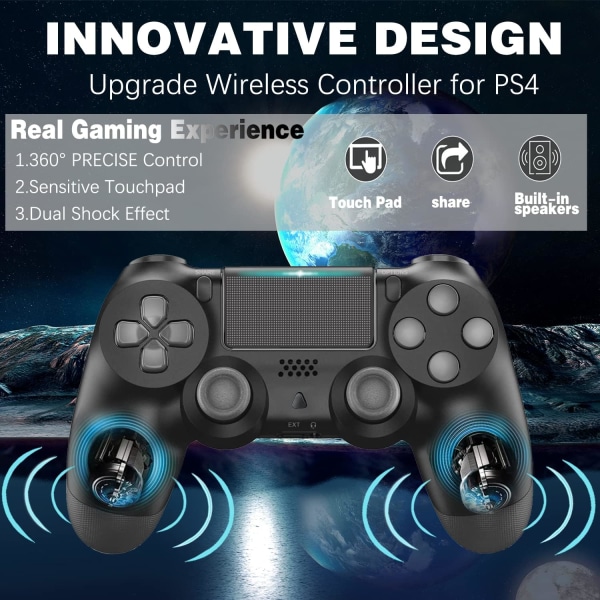 Trådlös handkontroll för PS4, jusubb Trådlös PS4-kontroll USB Gamepad Joypad-kontroll med dubbla vibrationer för Playstation 4（Svart）