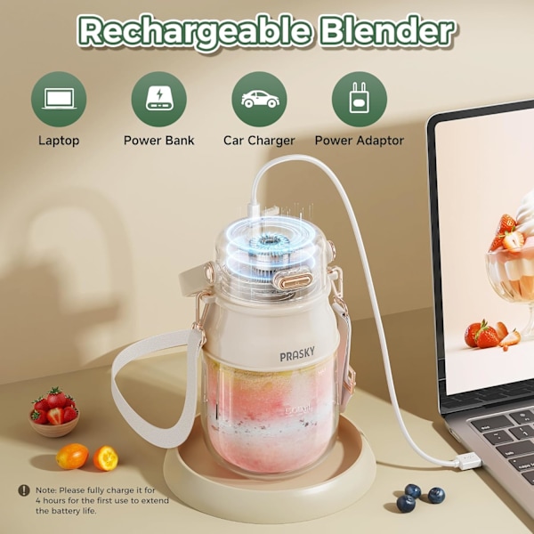 Bärbar Blender, Personlig Blender för Shakes och Smoothies med 27oz Mugg, Lock och Axelrem, Typ-C USB Laddningsbar