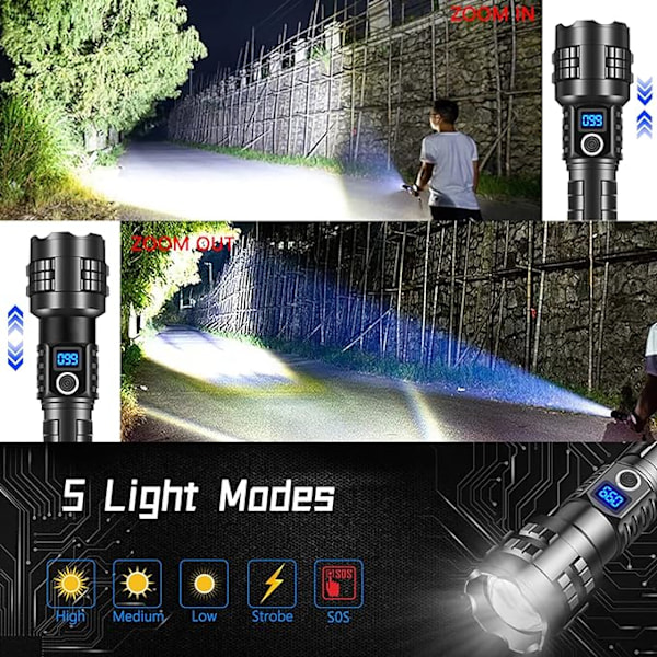 Superlys Super Bright Lommelygte Genopladelig, 100000 Lumen Powered LED Lommelygte Den klareste lommelygte til camping, nødsituation