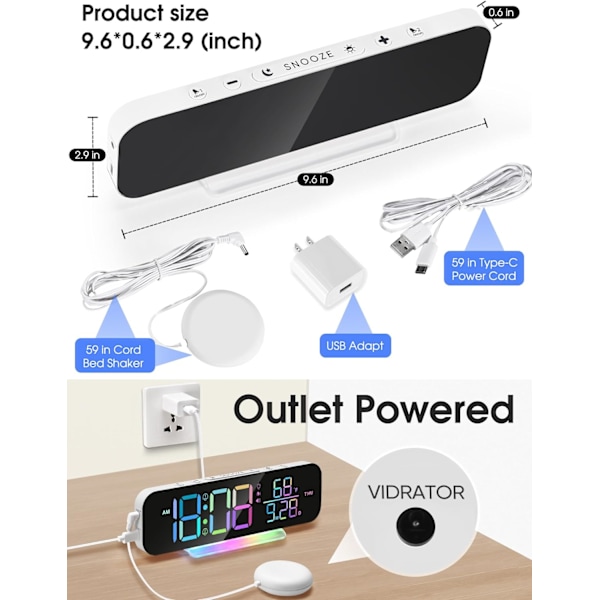 Superhøj Vibrerende Vækkeur med Sengeshaker, Stort LED Digital Display, Nattelys, Ideel til Tunge Sovere, Voksne, Hørehæmmede Døve Seniorer White