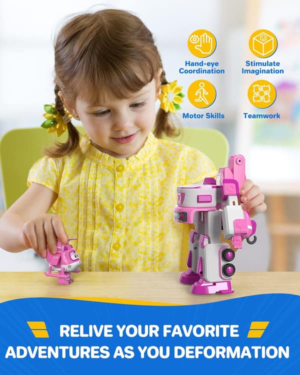 Super Wings - 7' Dizzy's Rescue Tow med 2' Pink Transform-a-Bot Minifigur, Transformerende Flylegetøjssæt, Legetøj til 3 4 5-årige Drenge