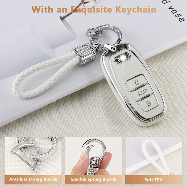 PIFOOG Nyckelringsskydd för Audi 4 knappar TPU Mjukt Nyckelfodral Skal Bling Nyckelring Biltillbehör för Audi Girly Kvinnor Vit Silver