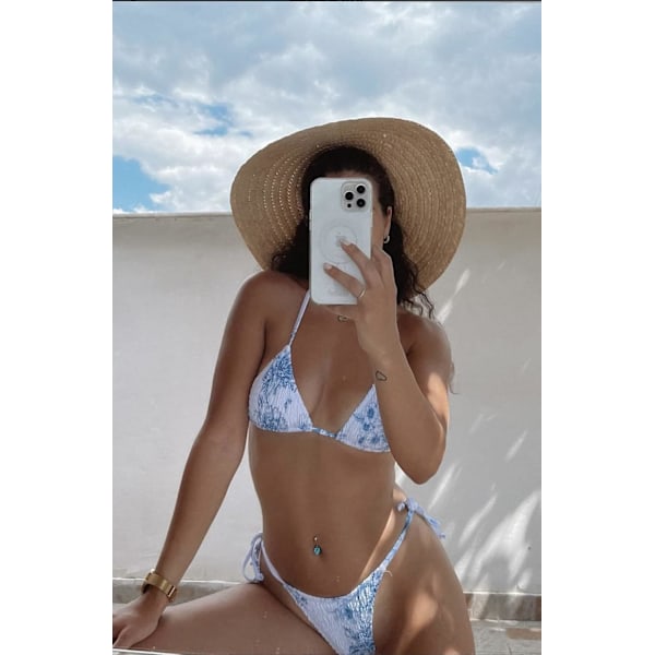 WJSM Damtriangel Bikini String Baddräkt Print Tie Smocked Ruched Tvådelad Baddräkt Set Light Blue L