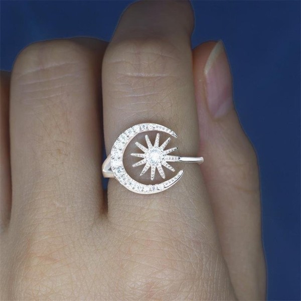 925 Sølvring Kvinner Jenter Utsøkt Mote Stil Stjerne Måne Diamant Ring Smykker Tilbehør White Gold