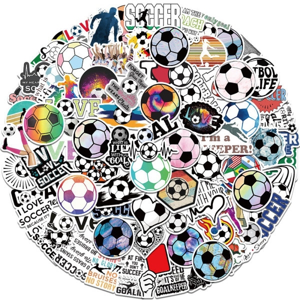 100 stycken fotbollsdekaler, vinylfotbollsvattenflaska klistermärkespaket, fotbollspresenter till fotbollsälskare, fotbollsfestfavoriter