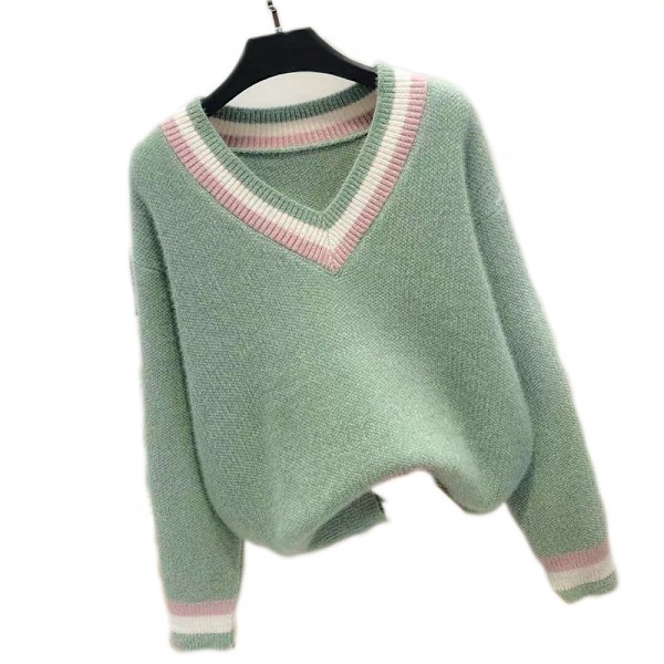 Dam V-ringad tröja stickad pullover jumper casual långärmad lös toppar stickade kläder