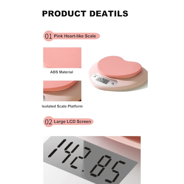 Rosa köksvåg - Stor LCD, tareringsfunktion, 11 lbs kapacitet, 0,03 oz exakt gradering - Perfekt matvåg för bakning och matlagning, ML & Oz-enhet f