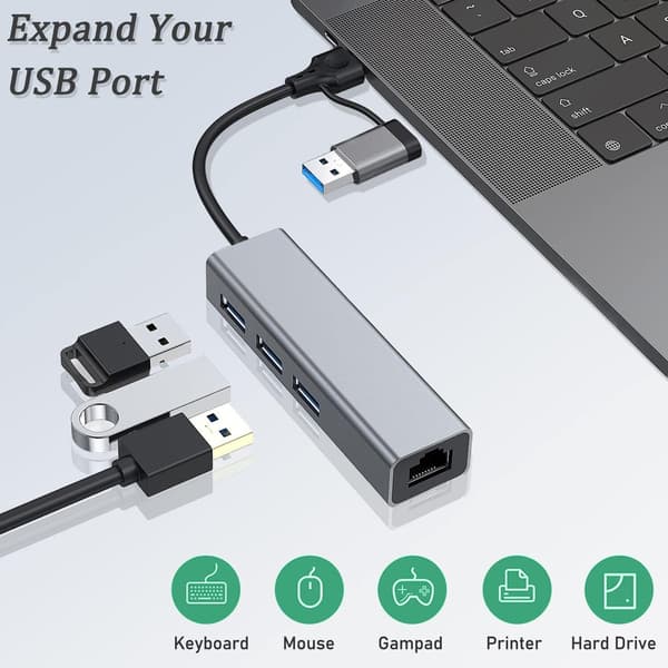 USB til Ethernet-adapter, VIENON USB 3.0 Hub med 1 Gigabit RJ45 Ethernet-port Netværks-USB-netværksadapter med USB C-adapter til bærbar computer