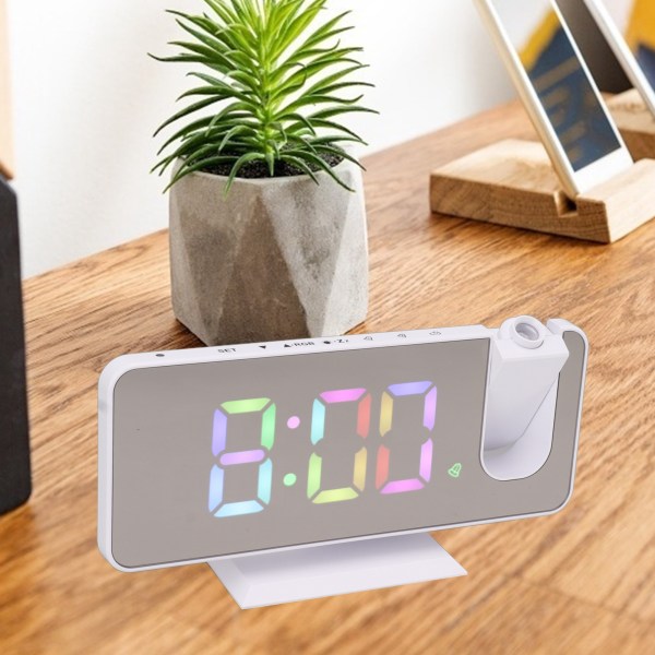 Digital spegelklocka med stor display RGB färgglad gradient projektionsväckarklocka för hem sovrum vit