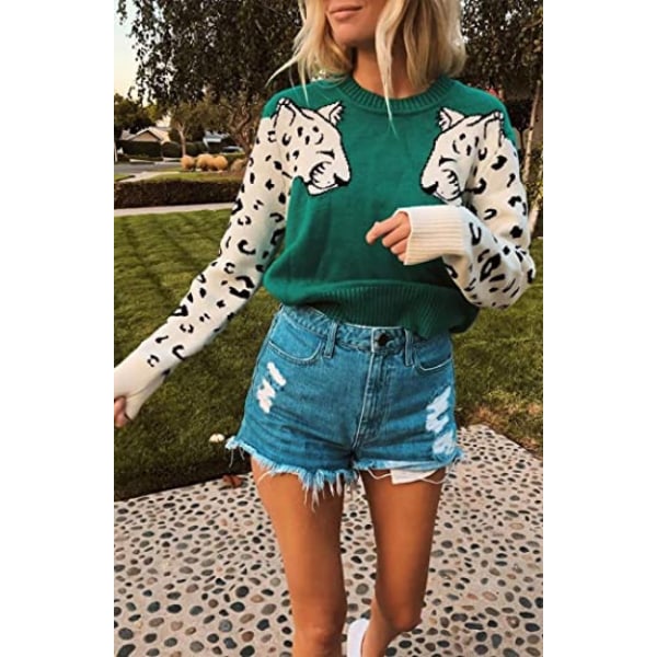 Dam tröjor casual leopardmönstrad lapptäcke långa ärmar stickad pullover korta tröjor toppar