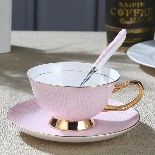 Kaffekopp och fat set - 6,7 oz benporslin tekopp med fat och sked - Fantasifull kopp för kontor, soffbord eftermiddagste (rosa)