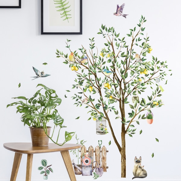 Växter Stort träd väggdekal med fåglar, avtagbar fruktträd i pastoral stil, hängande korgdekor för fågelbur, dekor