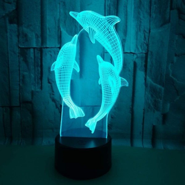 Qinwei Dolphin Akryl 3D Nattlampor USB LED Bordslampa Hem 3D Arts Lampa 7 färger Ändra sovrumsinredning Nattljuspresenter（Svart säte）