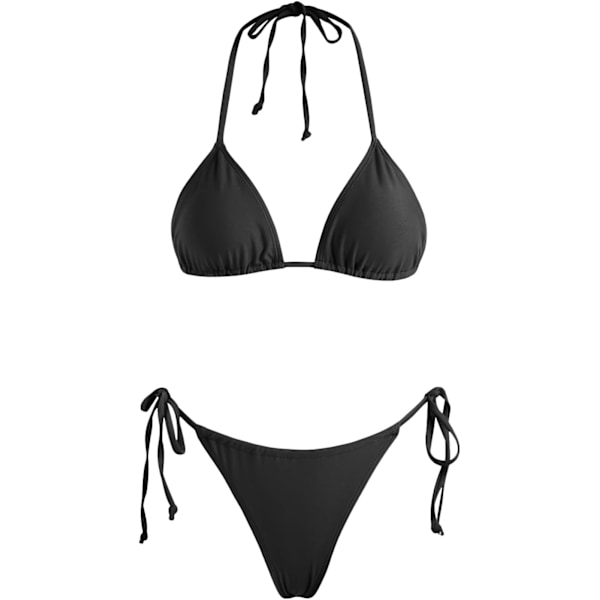 WJSM Dame Trekant Bikini String Badedrakt Trykk Bånd Smocked Ruched Todelt Badedraktsett Black1 M