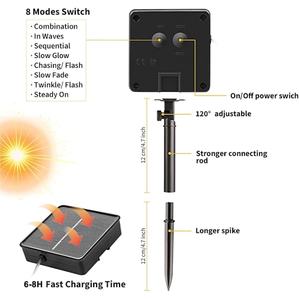 Udendørs solcellelyskæde, 6 pakker 72 fod 1200 LED solcelledrevne fe-lys med 8 tilstande Vandtæt dekoration Kobbertrådslys til terrasse gård Warm White6