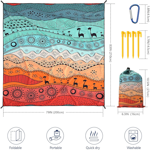 Strandtæppe, sandtæt strandmåtte, vandtæt hurtigtørrende letvægts Aztec picnicmåtte 200 x 210 cm til 2-4 voksne med lomme