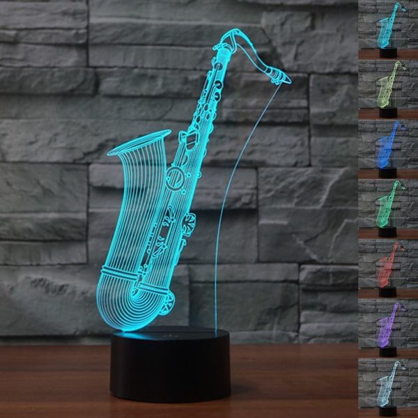 3D Saxofon Nattlampa Touch Switch Bordskrivbordslampa Optisk Illusion Lampor 7 Färgväxlande Ljus LED Bordlampa Jul Hem Kärlek Födelsedag Barn Barn D