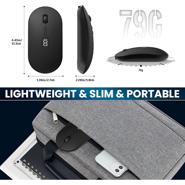 Trådlös Datormus för Laptop med Synlig Batterinivå, 2.4G Bärbar Ultra Tunn USB-Mus, Tyst Klick Laptop Mus 1600 DPI Black