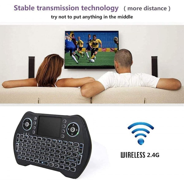 Bakgrundsbelyst 2,4 GHz Mini Trådlöst Tangentbord Fjärrkontroll med Touchpad Mus Combo med USB Dongle Laddningsbar Li-ion Batteri