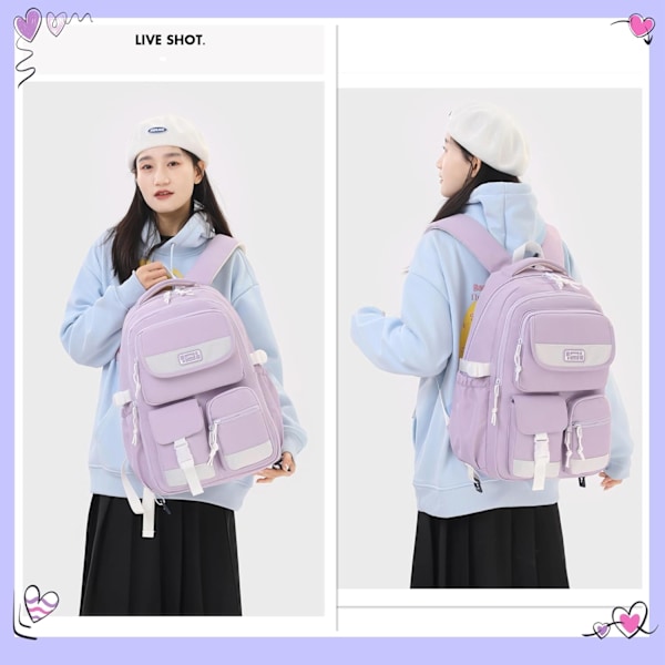 Jente Ryggsekk Barn Ryggsekk for Gutter Multi-lomme Barneskole Ungdomsskole Bokvesker for Gutter Tenåringer Casual Dagstursekk Purple
