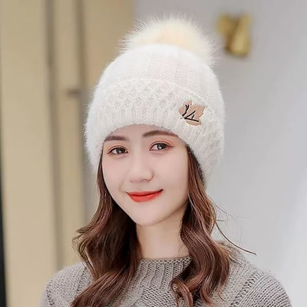 Dametøj Beanie Hat med Pom Pom Fleeceforet Vinterhat Blød Varmt Sød Skull Beanie Hat til Koldt Vejr