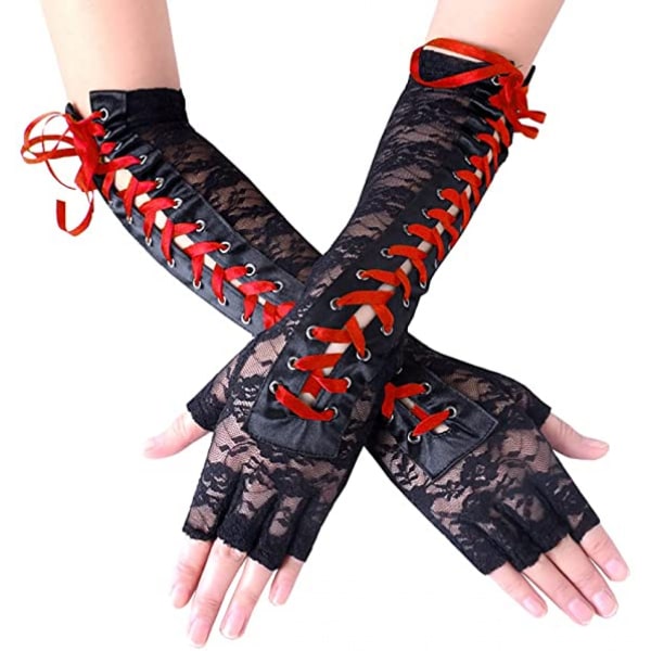 Naisten sormettomat hansikkaat kyynärpää nauhoitetut steampunk-asun lämmittimet, nylon