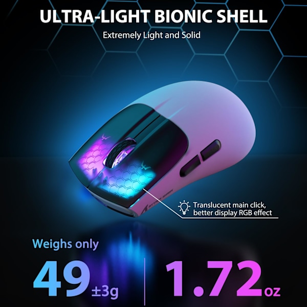Trådlös Spelmus med Tri-lägen BT 5.1/2.4Ghz/USB-C, Lätt 49g, PAW3212 Optisk Sensor, Uppladdningsbart Batteri, RGB LED Bikake Mus Black White