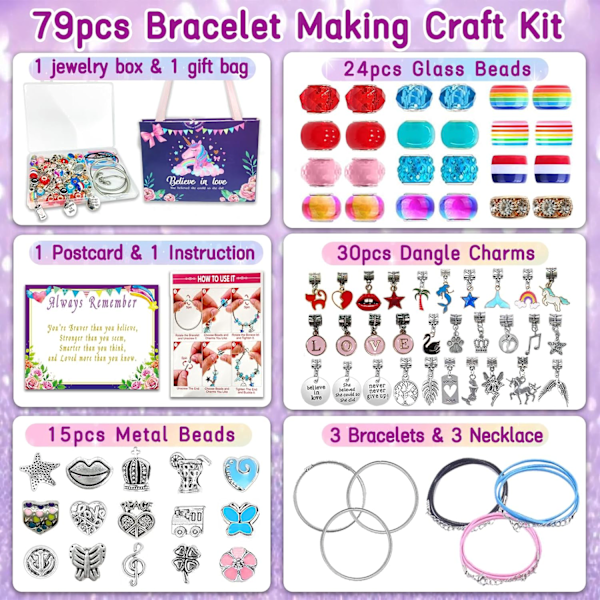 Charm armbandssats, smyckestillverkningstillbehör pärlor, enhörning/sjöjungfru hantverk presentset för flickor tonåringar i åldern 5-12
