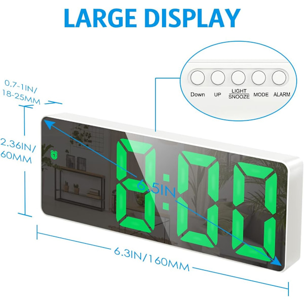 Digital väckarklocka, LED-klocka för sovrum, elektronisk skrivbordsklocka med temperaturvisning, justerbar ljusstyrka, röststyrning, 12/24H, 6,3\" La white+green led