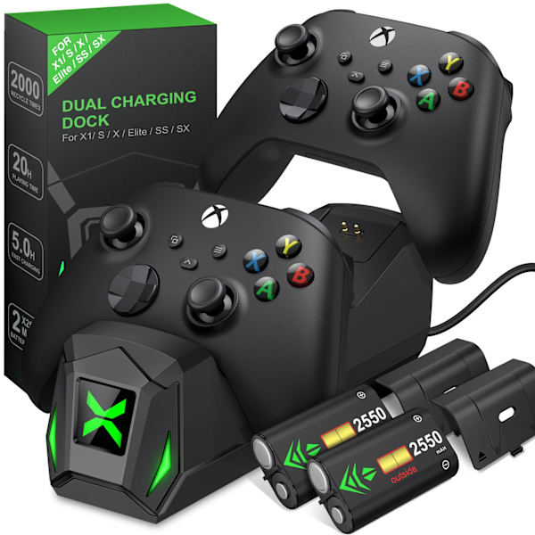 2X2550mAh Uppladdningsbart Batteri+Kontroll Laddningsstativ För Xbox Series X/S/Xbox One X/Xbox One S