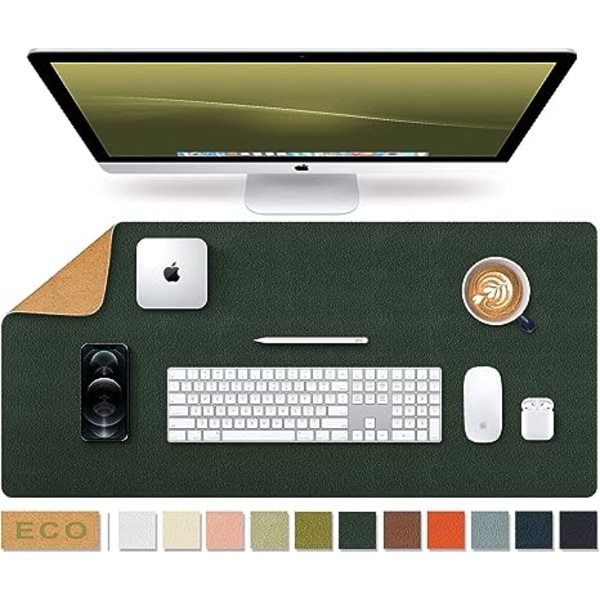 Stor vattentät tangentbordsdyna i naturlig kork och läder, kontor/hem/spel/dekorativ skrivbordsmusmatta (mörkgrön, 23,6 x 11,8 tum)