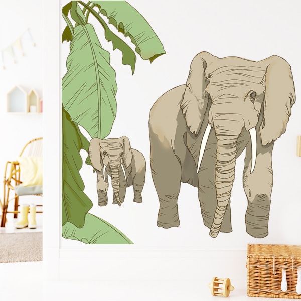Tecknad tropisk regnskog Djur Gröna Växter Väggdekaler, Elefant Väggdekor, Avtagbar DIY Zoo Art Decor