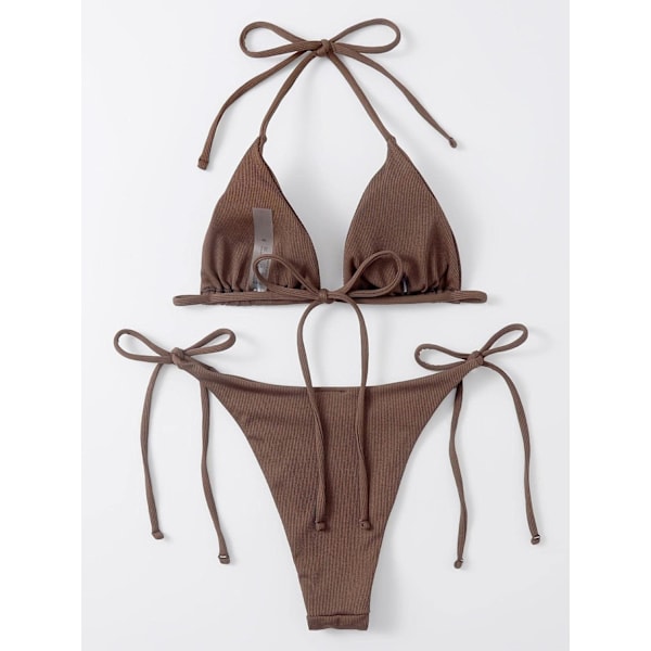 WJSM Dam Halter Tie Side Triangle Bikini Set Hög Skuren 2 Delad Bikini Baddräkt Brown1 M