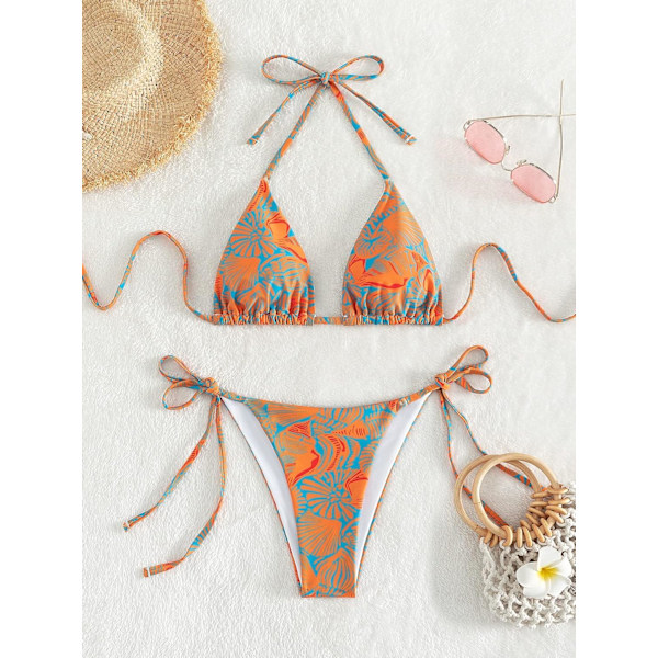 WJSM Dam Halter Tie Side Triangle Bikini Set Hög Skuren 2 Delad Bikini Baddräkt Allover Print M