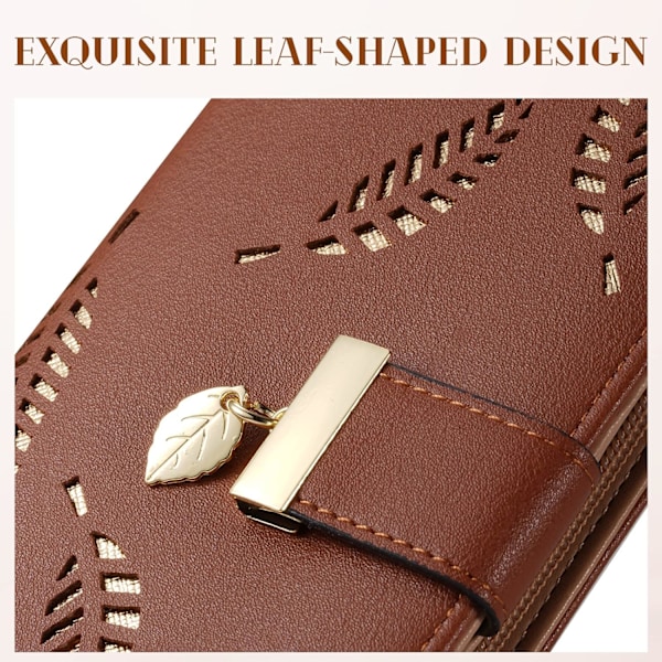 Lång Blad Damplånbok Bifold Läder Korthållare Plånbok Dragkedja Spänne Elegant Clutch Handväska för Kvinnor - Brun Brown