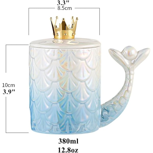 Havfrue Kopsæt med Låg og Ske - Kaffe, Mælk, Te Kop i Keramik med Sød Gaveæske (380ml) (Blå)