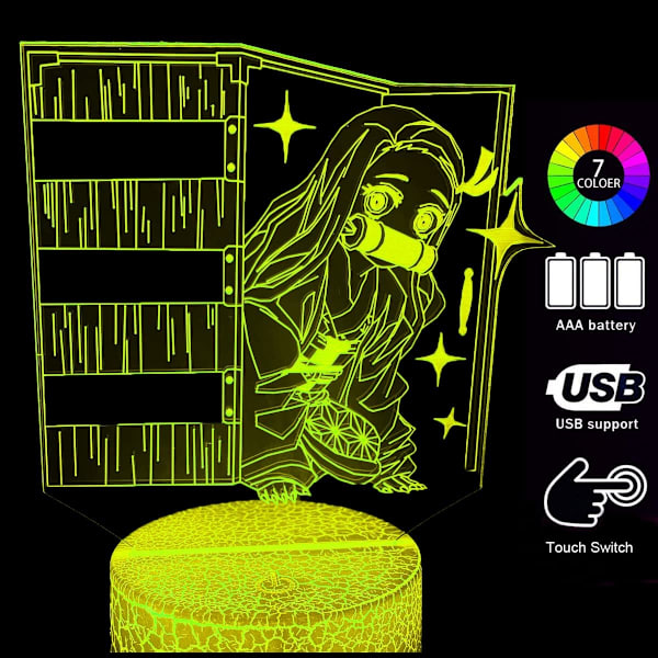 3D Illusions nattlys, Anime-lampe med 7 farger for barnegavene soverom dekor (Søt jente)