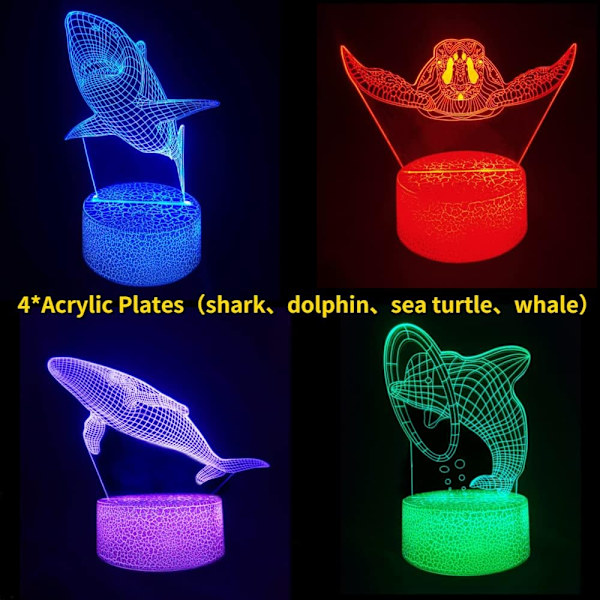 3D Hajnattlampa, 16 Färgbyten, Dimbar Fjärrkontroll/Smart Touch, 4 st 3D Hologram Illusion Lampa, Delfin Sänglampa (Havsdjur)
