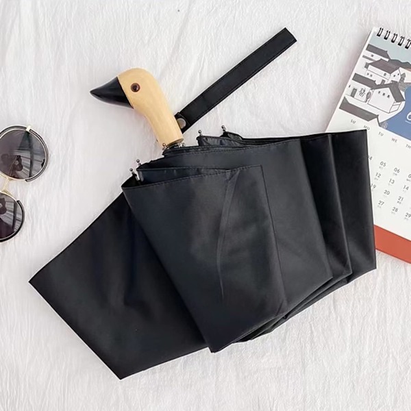Kompakt liten paraply for regn og sol, søt design andehode paraply for jenter gaver, 8 ribber sammenleggbar paraply med trehåndtak Black