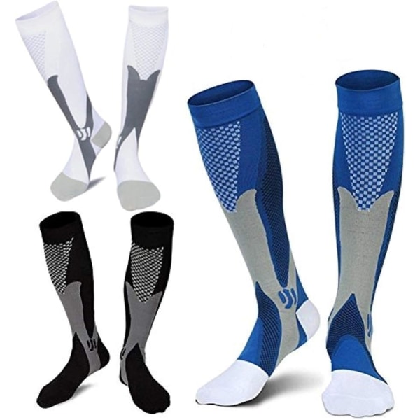 3 paria XXL-kokoiset Medical Sport -kompressiosukat, 20-30 mmhg Run Nurse -sukat turvotukseen diabeettisiin suonikohjuihin (musta+sininen+valkoinen)