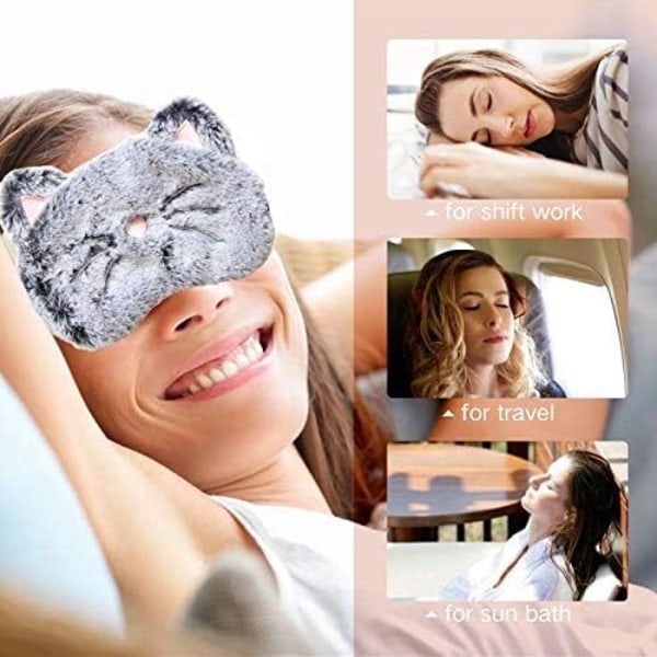Söt Kanin Sovmask Plysch Ögonbindel Rese Sovmasker Supermjuk Rolig Ögonmask för Barn Flickor och Vuxna (Svart Grå katt